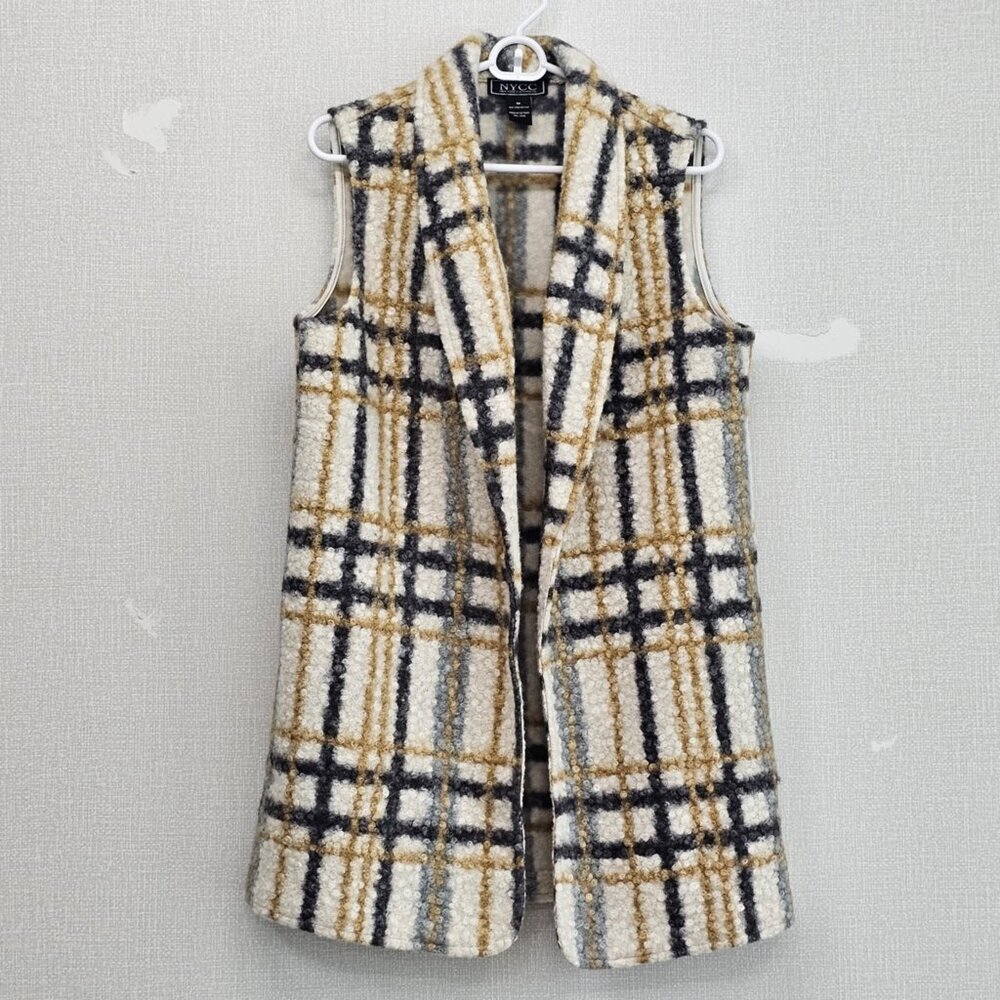 NWOT New York & Company Boucle Plaid Long Vest Jacket Size M